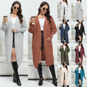 Manufacturers Wholesale Ladies Clothing Solid Open Front Long Sleeve Pocketed Thick Knitted Women Fashion Cardigan Coat Sweater