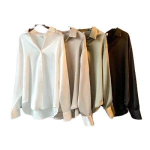 Women's Fashionable Satin Blouse Long Sleeve Turn-Down Collar Spring and Autumn Top with Button Decoration for Summer Wear