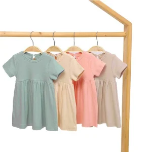 Tecidos de bambu personalizados de fábrica, saias casuais de manga curta, vestidos para bebês, amigáveis à pele