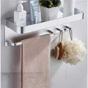 Wall-Mounted Hole-Free Bathroom Kitchen Hook Rack with Suction, Aluminum Towel Shelf, Cosmetic Storage, and Toilet Rack