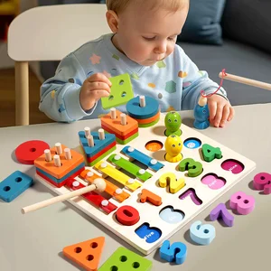 Montessori Four-in-one Geometric Shapes Sets of Columns Matching Blocks Children's Assembled Educational Stacking Toys