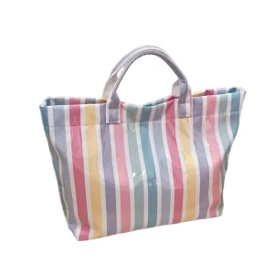 2026 Bolso de playa de PVC impermeable y duradero para dama, bolso de viaje y compras a rayas colorido de verano, bolsa de gran capacidad para llevar a mano o al hombro