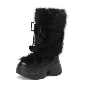 Famous Women's Black Leather Platform Snow Boots with Fur Lining Supplier, Company