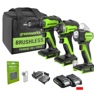 Greenworks 24V Brushless 1/2" Drill 1/4" Hex Impact Driver Power Tool Combo Kit with Toolbag 2pcs 2Ah Batteries and Flash Light