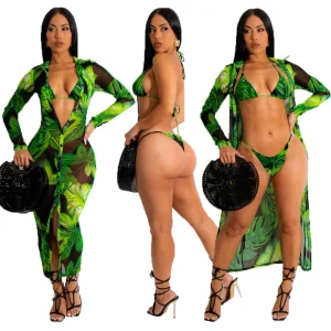 Summer New Women 3pcs Beach Swimwear Fashion Printing Bikini Swimsuit Sexy Beachwear