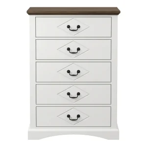 Modern Farmhouse White 5 Drawer Dresser Wooden Surface Vertical Chest of Drawers Tall Bedroom Storage Cabinet Clothes Organizer