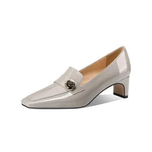 Ladies Genuine Leather Square Toe Block Heel Slip-On Pumps