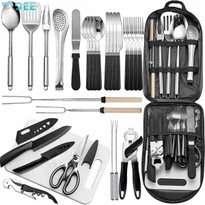 SeeMore Portable Camping Kitchen Utensil Camping Cookware Knife Fork Spoon Chef's Knife Cookware Kit