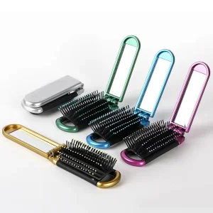 2024 Newest Design Folding Mirror with Hair Comb Travel Pocket Mini Foldable Hair Brush with Makeup Mirror Comb