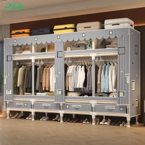 Wayon Sliding-door Fabric Wardrobe with 4 Drawers &amp; Top Wave Valance Modern Closet for Bedroom Storage