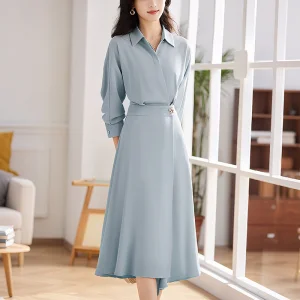 Camisa de Negócios Casual de Manga Longa Elegante com Design de Vestido em A-Line