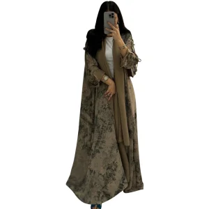 High Quality Elegant Modest Fashion Women's Muslim Polyester Chiffon Print Two-piece Summer Casual Set with Hood
