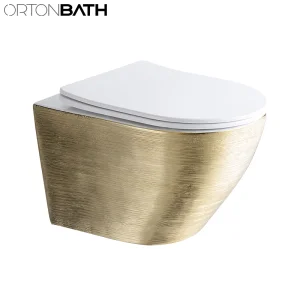 Ortonbath Brushed Gold Rimless Collision Smart Round Rectangular Square Wall Hung Mounted Wc Chinese Bathroom Toilet with Bowl Seat Cover