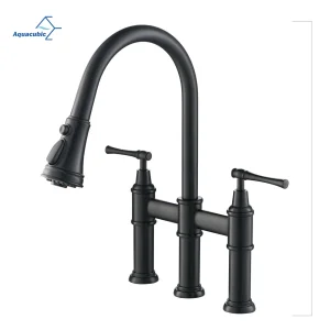 Aquacubic Matte Black Transitional Bridge Kitchen Faucet with Pull Down Sprayer