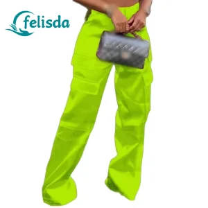 Women Fashion Multi Pocket Front Straight Jogger Pants Comfortable Solid High Waist Summer Wide Leg Streetwear Cargo Trousers
