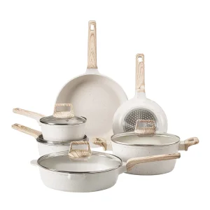 Modern White Granite Nonstick Induction Cookware Set 17 Piece Aluminum with Glass Cover Wood Handle Ceramic Coating Oven Safe