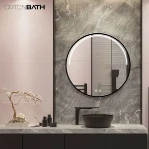 Ortonbath Thin Edge Front Lighted Black Framed Circle Bath Vanity Home Smart Wall Mounted LED Mirror Bathroom Designer Art Mirror