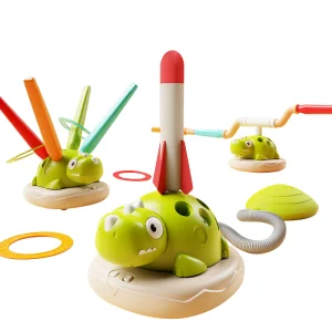 Unisex Educational Outdoor Sports Entertainment 3-in-1 Dinosaur Machine Set Launch Rocket Jump Rope Ringtoss Game Plastic