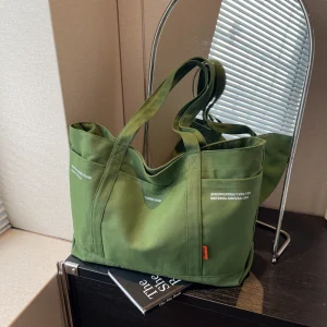 New Style Fashion Custom Letter Canvas Bags Women Shoulder Cotton Canvas Tote Bag with Pocket for Class and Work