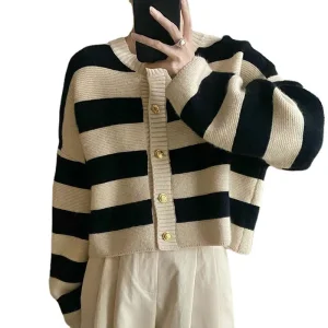 Womens Polyester Striped Knit Cardigan