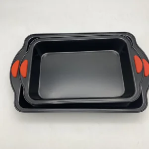 2-Piece Home Kitchen Baking Pan with Red Silicone Handles Carbon Steel Cookie Sheets