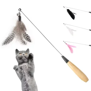 Cat Teaser Wand Pet Stick Toys with Wooden Handle Elastic Replaceable Plaything