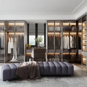 China Furniture Manufacturing Custom Glass Door Cloakroom with Dressing Table Mirror