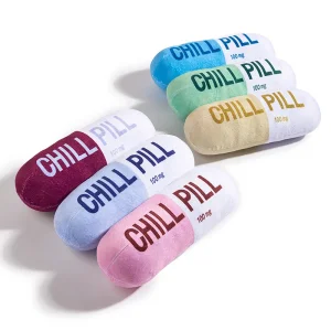 Custom Wholesale Cute Novelty Chill Pill Pet Squeaky Toys Eco-friendly Cartoon Plush Pill Shape Squeak Sound Dog Pet Chew Toy
