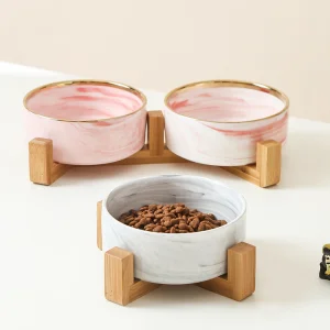 Pet Food Bowl Ceramic with Wood Stand