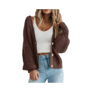 Women's Casual Chunky Knit V-neck 100% Acrylic Anti-Pilling Long Sleeve Loose Button Cardigan Winter Outerwear Front Logo
