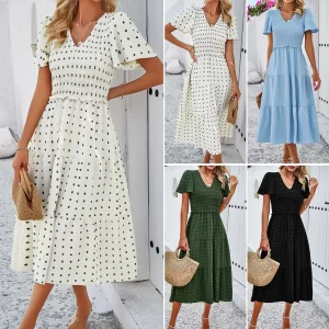 Vestido Casual de Verão em Cor Sólida com Decote em V e Mangas Curtas para Mulheres