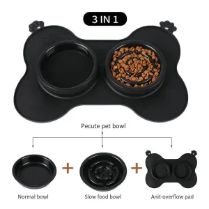 Cuencos de alimentación elevados de silicona plegables para perros, cuencos de alimentación de acero inoxidable, alimentador lento