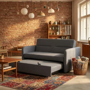 Small Space Convertible Sofa Bed with Storage, Dark Grey Modern Sleeper Couch for Apartment, 3-in-1 Pull-out Loveseat Sofa Bed