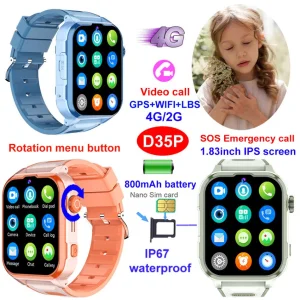 Fashion design China manufacture 4G IP67 waterproof digital boy girl smart GPS watch with video call rotation menu button history route SOS panic button D35P