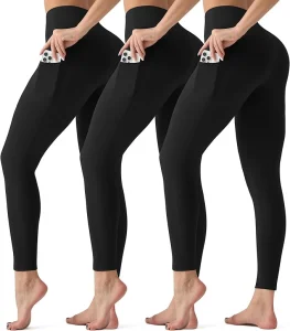 3-pack Women's Solid Elastic Waist Pocket Leggings High Waisted Compression Yoga Pants for Regular &amp; Plus Sizes