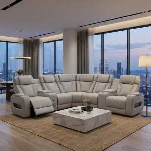 Venda Quente Sofá Recliner Elétrico Duplo em Couro Preto para Sala de Estar Sofás Seccionais de Luxo com Luz LED Apoio de Cabeça Ajustável Carregamento Sem Fio USB/Usc