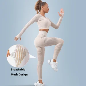 Womens 2 Pieces Stretch Mesh Insert Seamless Street Fitness Wear, Custom High Waist Yoga Leggings + Long Sleeve Crop Top Sexy Striped Gym Apparel for Ladies
