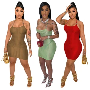 2024 Cheap Women's Summer Solid Casual Clothing Halter Backless Dress