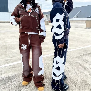 Custom Men Hoodies And Sweat Pants Set Acid Wash 100% Cotton Tracksuit Distressed Embroidery Flared Sweatpants And Hoodie Set