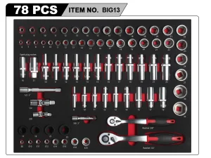 SKY HAMMER 78PCS Deep Socket Ratchet Handle Wrench Tool Set OEM for Auto Repair Tool Cabinet Troelly Tray with 3-Year Warranty
