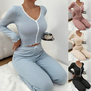 Homewear Pajamas Set for Women Long Sleeves Shirt Trousers 2 Pieces Sexy Lace Pijamas Sleepwear Loungewear