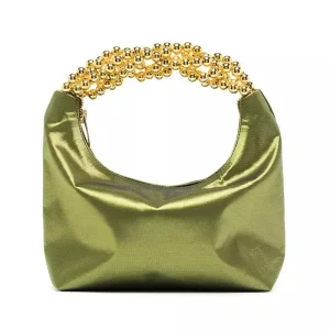 Venta Directa de Fábrica Bolso de Mano Personalizado para Damas Clutches de Mujeres Material de Satén Verde Brillo Asa de Perlas Doradas Bolsa de Noche y Bolso de Mano para Mujeres