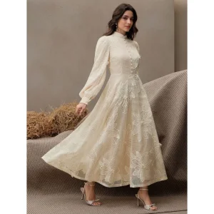 Women's Elegant Lace Embroidery Mandarin Collar Maxi Dress Slim Fit Long Party Evening Formal Occasion Wear