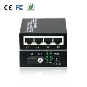 OEM 20km 1Fiber 4RJ45 Gigabit Fiber Optic Media Converter 10/100/1000Mbps SC DC5V CE Certified 120km Range for IP Camera