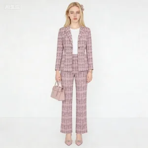 Pink Tweed Two-Piece Blazer Suit Set - Chic Women's Business Formal Wear