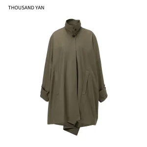 Women's 100% Cotton Olive Green Stand Collar Trench Coat