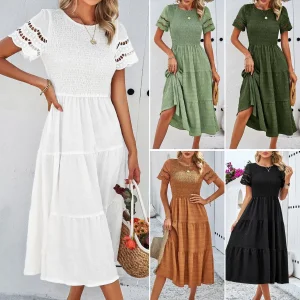 Vestido MIDI Casual Manga Curta Manga Bufante Longo Fluido em A D802 Vestidos de Verão Femininos Garantia de Comércio Natural Simples Adultos