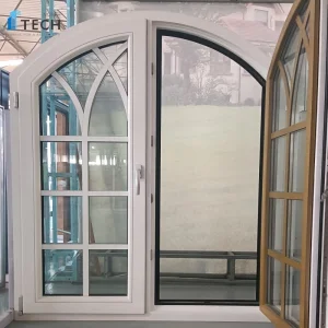 Diseño de Ventana Francesa de Madera Recubierta de Aluminio al por Mayor Ventana Arqueada con Patrón de Madera