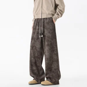 Men's Autumn Corduroy Polyester Fiber Casual Pants Loose Fit Straight-leg Wide-leg Machine Washable