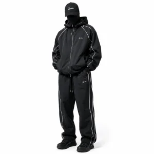 Custom Men Plus Size Printed Black Nylon Shell Windbreaker Tracksuit Set Hoodie Jacket Wide Leg Pants White Piping Streetwear
